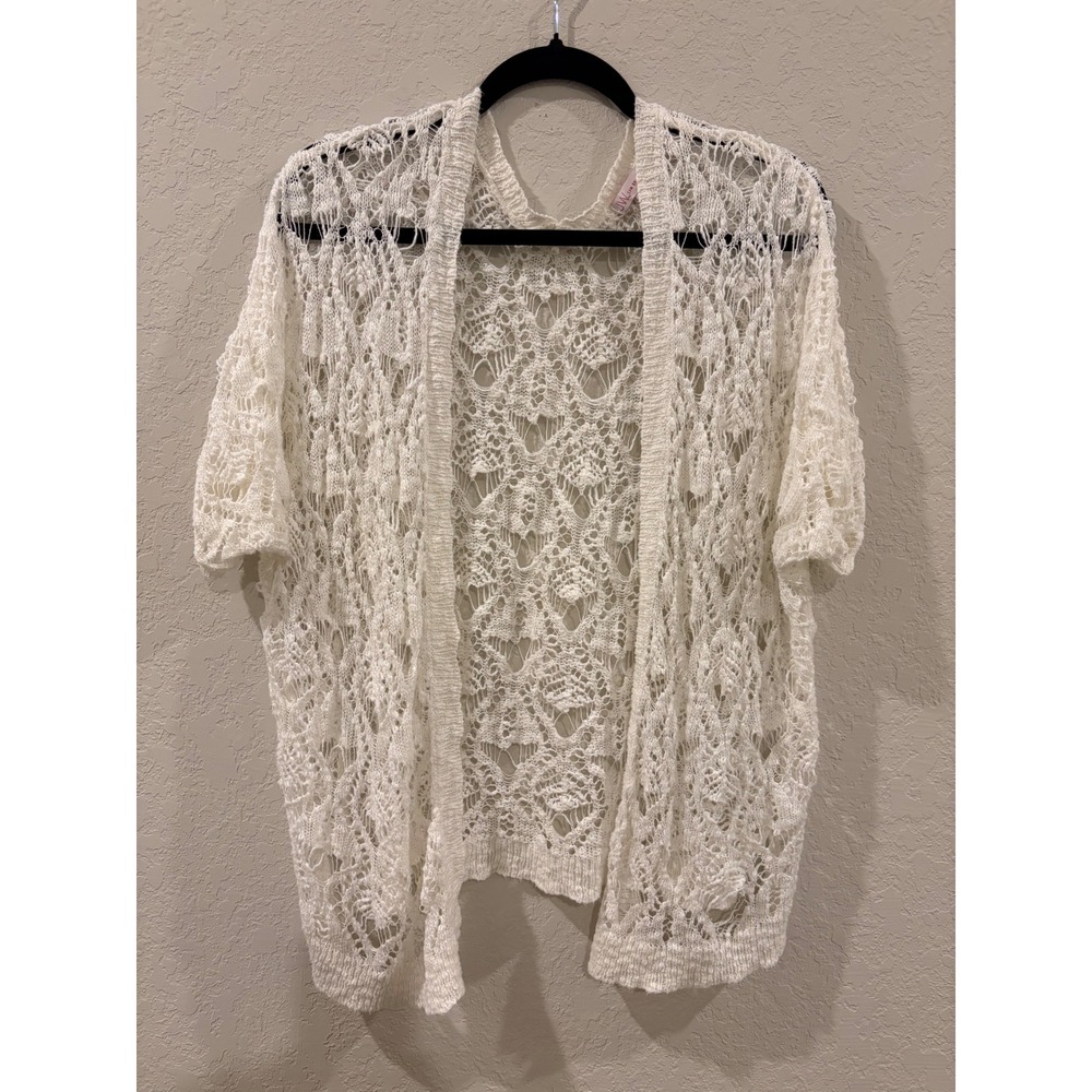 JW Style Cream White Crochet Knit Open Front Cardigan Short Sleeve Medium